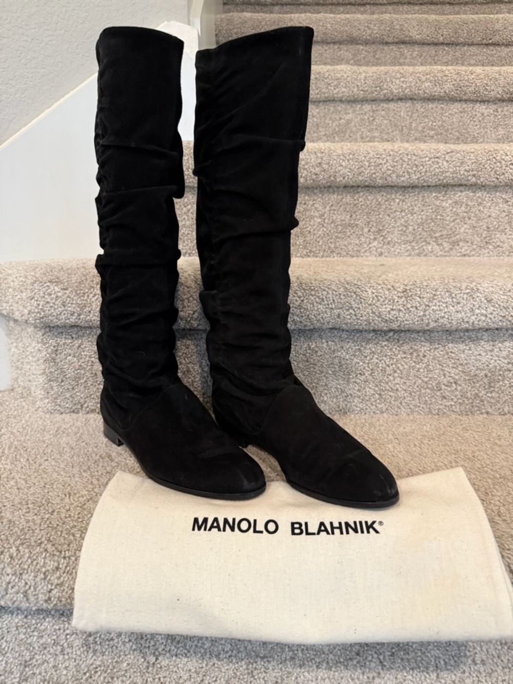 Manolo Blahnik Black Suede Slouch Over-the-Knee Boots